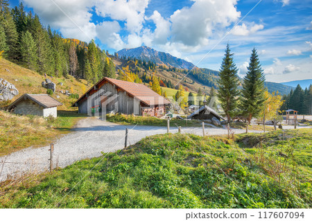 Gorgeous view of mountains and valleys with larch forest and wonderful sky are located in Filzmoos Gorgeous view of mountains and valleys with larch forest and wonderful sky are located in Filzmoos 117607094