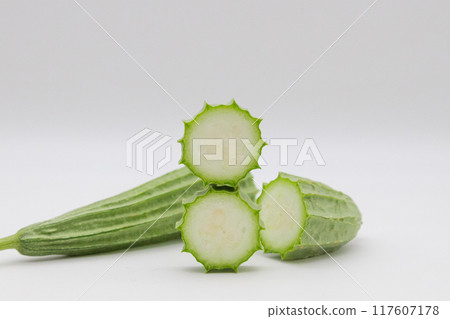 Stock photo of Hechioku: Ten-sided Thread Melon, a vegetable thought to be a cross between a loofah and an okra Stock photo of Hechioku: Ten-sided Thread Melon, a vegetable thought to be a cross between a loofah and an okra 117607178