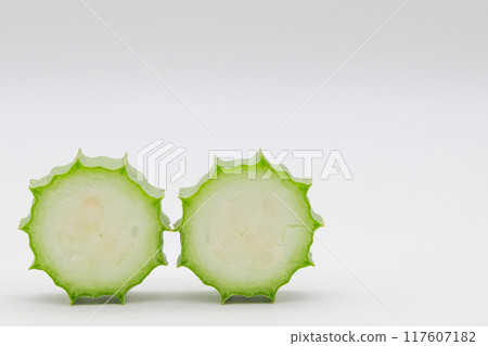 Stock photo of Hechioku: Ten-sided Thread Melon, a vegetable thought to be a cross between a loofah and an okra Stock photo of Hechioku: Ten-sided Thread Melon, a vegetable thought to be a cross between a loofah and an okra 117607182