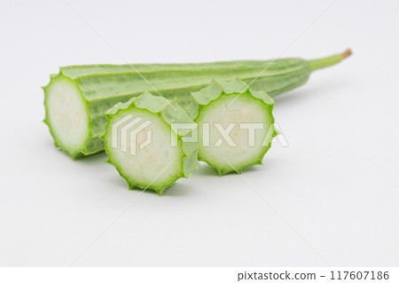 Stock photo of Hechioku: Ten-sided Thread Melon, a vegetable thought to be a cross between a loofah and an okra Stock photo of Hechioku: Ten-sided Thread Melon, a vegetable thought to be a cross between a loofah and an okra 117607186