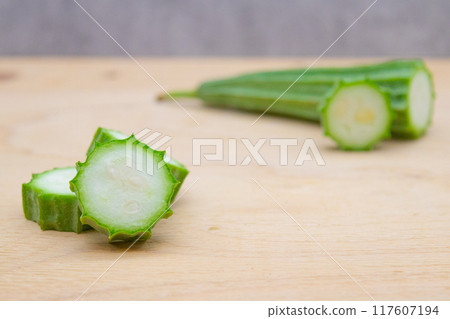 Stock photo of Hechioku: Ten-sided Thread Melon, a vegetable thought to be a cross between a loofah and an okra Stock photo of Hechioku: Ten-sided Thread Melon, a vegetable thought to be a cross between a loofah and an okra 117607194
