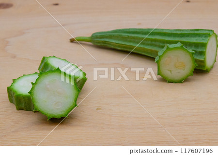 Stock photo of Hechioku: Ten-sided Thread Melon, a vegetable thought to be a cross between a loofah and an okra 117607196