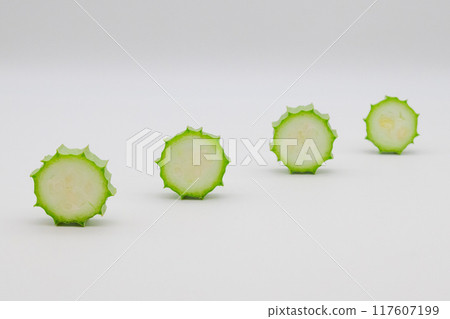Stock photo of Hechioku: Ten-sided Thread Melon, a vegetable thought to be a cross between a loofah and an okra Stock photo of Hechioku: Ten-sided Thread Melon, a vegetable thought to be a cross between a loofah and an okra 117607199