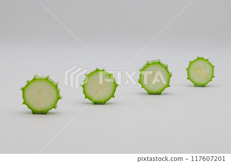 Stock photo of Hechioku: Ten-sided Thread Melon, a vegetable thought to be a cross between a loofah and an okra Stock photo of Hechioku: Ten-sided Thread Melon, a vegetable thought to be a cross between a loofah and an okra 117607201