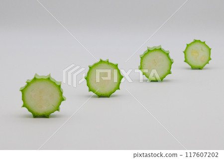 Stock photo of Hechioku: Ten-sided Thread Melon, a vegetable thought to be a cross between a loofah and an okra Stock photo of Hechioku: Ten-sided Thread Melon, a vegetable thought to be a cross between a loofah and an okra 117607202