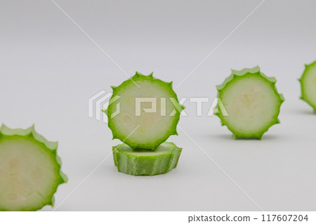 Stock photo of Hechioku: Ten-sided Thread Melon, a vegetable thought to be a cross between a loofah and an okra Stock photo of Hechioku: Ten-sided Thread Melon, a vegetable thought to be a cross between a loofah and an okra 117607204