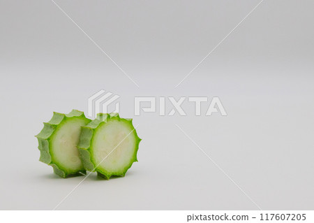 Stock photo of Hechioku: Ten-sided Thread Melon, a vegetable thought to be a cross between a loofah and an okra Stock photo of Hechioku: Ten-sided Thread Melon, a vegetable thought to be a cross between a loofah and an okra 117607205