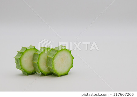 Stock photo of Hechioku: Ten-sided Thread Melon, a vegetable thought to be a cross between a loofah and an okra Stock photo of Hechioku: Ten-sided Thread Melon, a vegetable thought to be a cross between a loofah and an okra 117607206