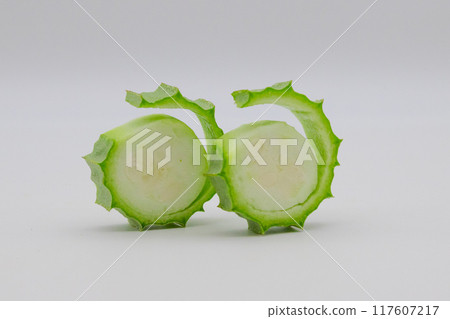 Stock photo of Hechioku: Ten-sided Thread Melon, a vegetable thought to be a cross between a loofah and an okra Stock photo of Hechioku: Ten-sided Thread Melon, a vegetable thought to be a cross between a loofah and an okra 117607217