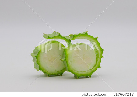 Stock photo of Hechioku: Ten-sided Thread Melon, a vegetable thought to be a cross between a loofah and an okra Stock photo of Hechioku: Ten-sided Thread Melon, a vegetable thought to be a cross between a loofah and an okra 117607218