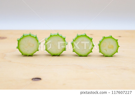 Hechioku, a vegetable thought to be a cross between a loofah and an okra 117607227