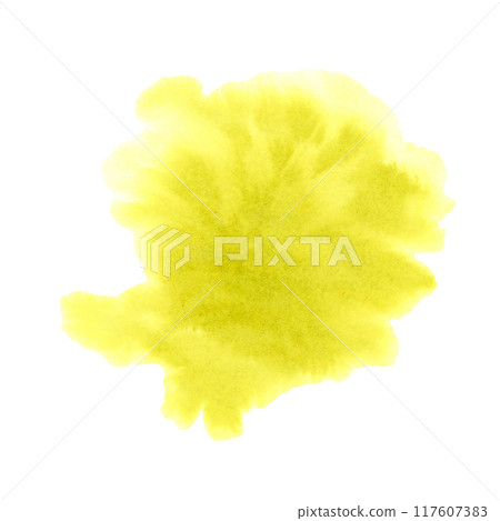 Watercolor splash backdrop template. Abstract stains texture design element in bright yellow color. Refreshing hand painted ink spill background for invitation, save the date, wedding, postcard 117607383