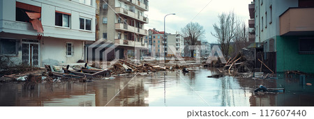 Urban Flooding After Severe Storm Causing Destruction and Debris in Residential Area, AI-generated item 117607440