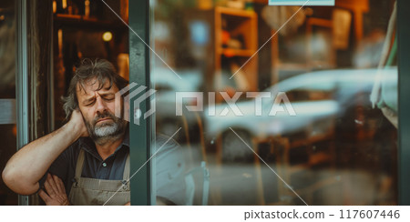 Exhausted Man Taking a Break at a Busy Cafe Window, AI-generated item Exhausted Man Taking a Break at a Busy Cafe Window, AI-generated item 117607446