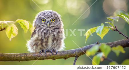 Adorable Baby Owl Perched on a Branch in Your Lush Green Forest, AI-generated item 117607452