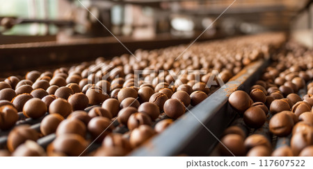 Fresh Macadamia Nuts on Conveyor Belt in Industrial Processing Facility, AI-generated item 117607522