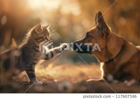 Adorable Kitten and Playful Dog Interacting Outdoors in Soft Evening Light, AI-generated item 117607586