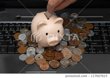 Laptop, piggy bank and savings in right hand Laptop, piggy bank and savings in right hand 117607625