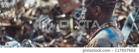 Worker in a Scrap Metal Yard Amidst Old Machinery and Rusty Debris, AI-generated item 117607668