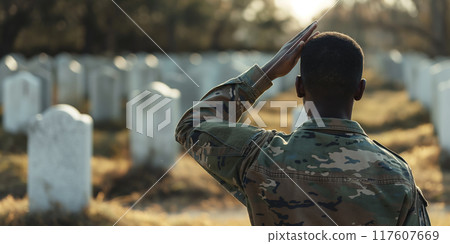 Soldier Saluting at Cemetery Memorial for Fallen Heroes in Military Uniform at Sunrise, AI-generated item 117607669