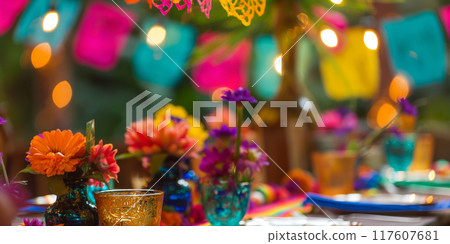Colorful Festive Table Setting with Bright Flowers and Decorative Lights, AI-generated item 117607681