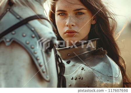 Medieval Woman Warrior in Armor with Horse in Countryside Setting, AI-generated item 117607698
