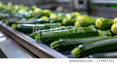 Fresh Green Zucchinis on a Conveyor Belt in a Modern Processing Plant, AI-generated item Fresh Green Zucchinis on a Conveyor Belt in a Modern Processing Plant, AI-generated item 117607752