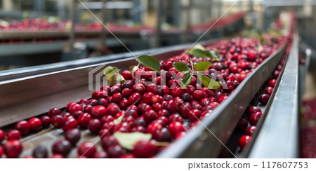 Fresh Cranberries Moving on Conveyor Belt in Industrial Processing Plant, AI-generated item Fresh Cranberries Moving on Conveyor Belt in Industrial Processing Plant, AI-generated item 117607753