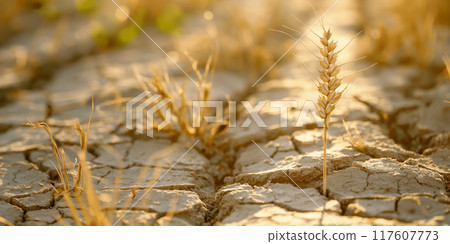 Wheat Growing on Dry Cracked Earth Highlighting Drought and Resilience in Agriculture, AI-generated item 117607773