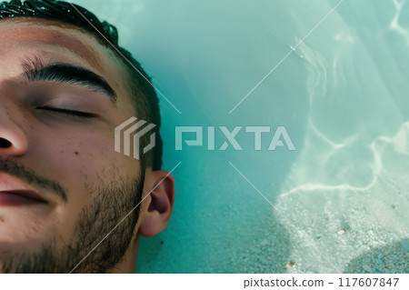 Close Up of Relaxed Man Floating in Crystal Clear Water at Beach, AI-generated item 117607847