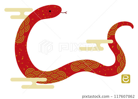 2025 Year of the Snake illustration with a blue sea wave pattern / red 117607862