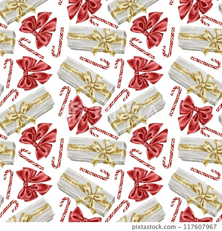 Christmas sugar cane and gift boxes with bows seamless pattern watercolor 117607967