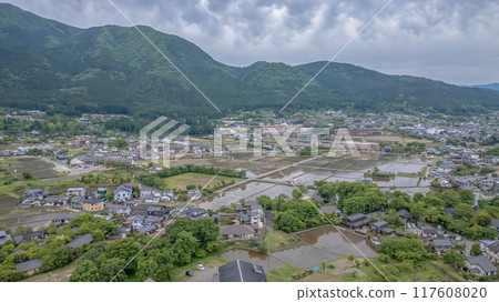 rice field from Yufuin town, Oita Prefecture, Kyushu, Japan May 15 2024 117608020