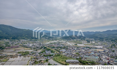 rice field from Yufuin town, Oita Prefecture, Kyushu, Japan May 15 2024 117608035