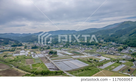 rice field from Yufuin town, Oita Prefecture, Kyushu, Japan May 15 2024 117608067