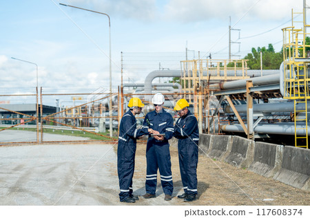 Group of engineer or factory technician workers stand beside petrochemical gas pipeline and use tablet to discuss about their work in workplace. 117608374