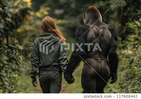 ranger outfit girl promenading with silverback gorilla hand in hand, back to the camera, africa environmen 117608442