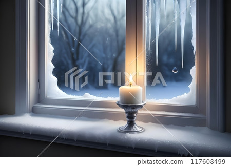 frozen cold window in cold winter with heating turned off 117608499