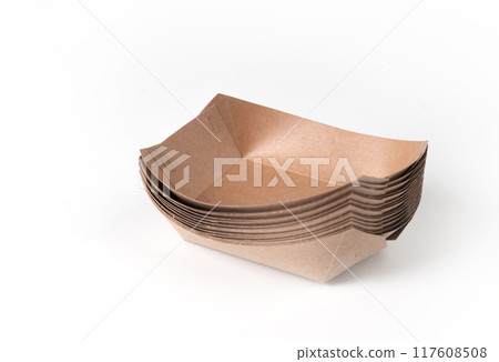 Recycled paper trays for snacks, isolated on a white background Recycled paper trays for snacks, isolated on a white background 117608508