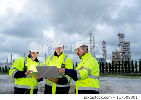 Wide shot factory engineer or technician workers with one hold laptop and other hold tablet also one point to the monitor stand in front of refining and petrochemical factory during evening light. Wide shot factory engineer or technician workers with one hold laptop and other hold tablet also one point to the monitor stand in front of refining and petrochemical factory during evening light. 117609001