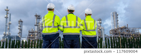 Wide shot back of engineer or technician workers stand with arm-crossed and look to petrochemical factory in the bakground with cloud sky. 117609004