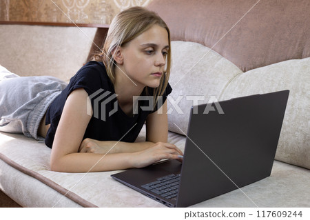 Young woman uses laptop while lying on sofa on her stomach, computer technology for working and studying from home, distance learning and performing work duties Young woman uses laptop while lying on sofa on her stomach, computer technology for working and studying from home, distance learning and performing work duties 117609244
