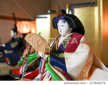 Hina dolls for Hinamatsuri standing next to the Emperor Hina dolls for Hinamatsuri standing next to the Emperor 117609279