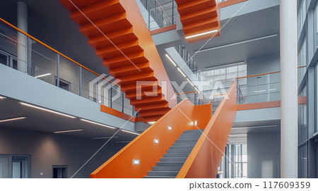 Modern Orange Staircase in a Modern Building 117609359