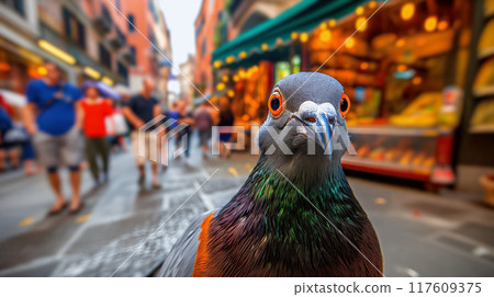 Colorful Pigeon Close-Up on a Bustling Street in Italy During Sunset 117609375