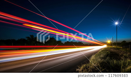 Long Exposure of Highway Traffic at Night Near Rural Area Under Clear Sky 117609383
