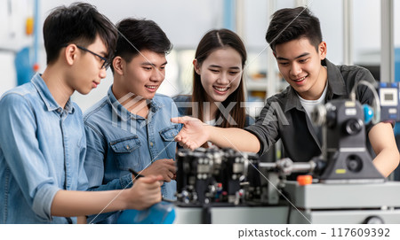 Students Collaborating on Engineering Project in Laboratory Setting During Daytime 117609392