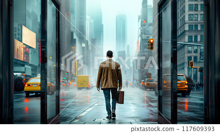 Man Walking Through Rainy New York City Street in Early Morning Man Walking Through Rainy New York City Street in Early Morning 117609393