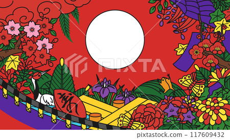 包含花札每個月的花和角色的背景圖_16:9 包含花札每個月的花和角色的背景圖_16:9 117609432