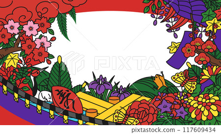 包含花札每個月的花和角色的背景圖_16:9 117609434